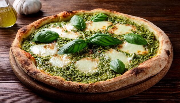 fresh pesto pizza with basil on rustic crust and melted cheese