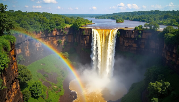 Vibrant Rainbow Arc Over Serene Blue Sky Landscape