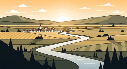 Serene Sunset Landscape with River and Village.