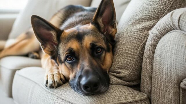 German Shepherd Dog Relaxing on a Couch Indoors.