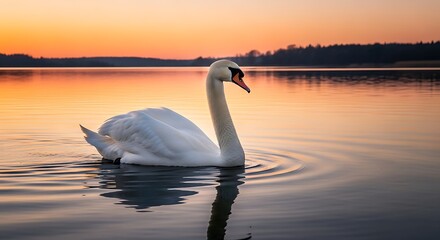 Serene Swan at Sunset on Calm Lake Water.