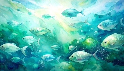 Obraz premium Underwater scene with a school of fish swimming in clear blue-green water, illuminated by sunlight filtering from above, creating a serene aquatic environment.