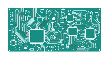 Green electronic printed circuit board with microchips.