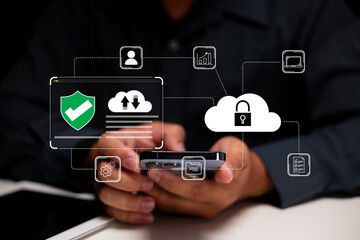 A person holds a smartphone, surrounded by icons representing cloud technology, security, and data management.