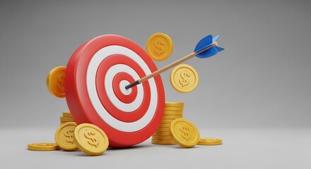 Achieving Financial Goals: Dart Striking Bullseye Amidst Golden Coins