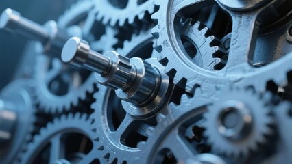 Close-up of interlocking metal gears and mechanical components in a complex machinery system
