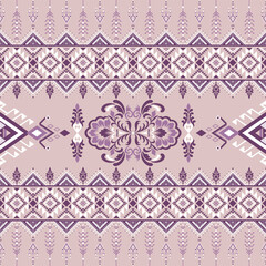 Ethnic inspired horizontal border or panel pattern. Baroque floral motif style. Color white, purple, and various shades of mauve. For textiles, apparel, home decor, curtains and decorative panels.