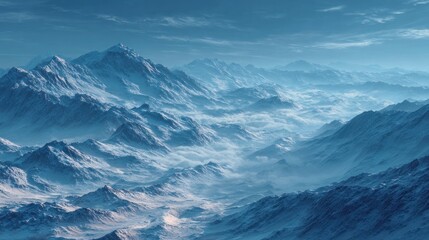 Fototapeta premium Sweeping vista of majestic snow-capped mountains piercing the misty sky