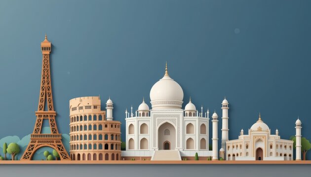 Minimal papercraft collage of famous world landmarks against blue background.