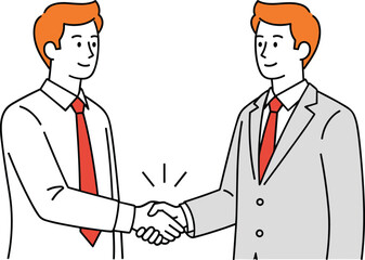 Cartoon characters shaking hands, white shirt with red tie, gray suit with red tie, agreement, partnership, business deal, teamwork, cooperation, flat design, vector illustration, stock art