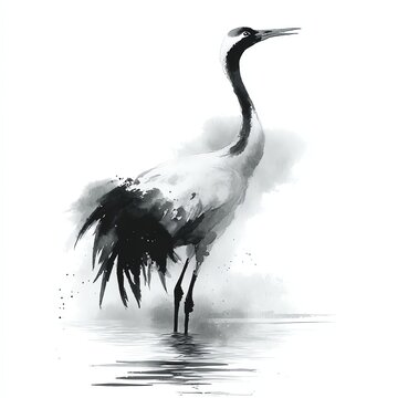ink wash sumi-e painting of a graceful crane standing by water, minimal brush strokes, monochrome style, elegant Japanese ink art on white background