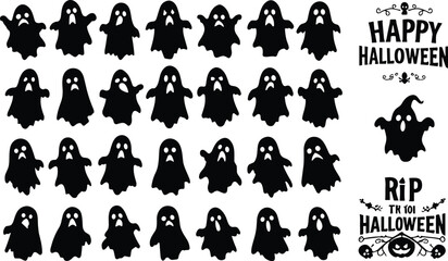 Halloween ghost silhouette collection, spooky ghost illustration, scary ghost vector art, haunted ghost design, Happy Halloween text graphic decoration