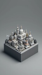 Detailed isometric 3D render of a fantasy urban cityscape in white.