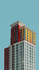 A modern high-rise building, vibrant in hues of red, yellow, and white, stands against a serene pale blue sky.