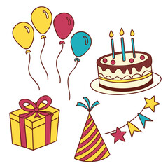 A collection of colorful birthday party elements including balloons a gift box a festive cake a party hat and a star banner isolated on a white background for celebration and joy