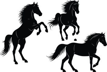Black horse silhouette illustration, wild stallion artwork, elegant horse vector, running horse design, rearing horse graphic, jumping horse art