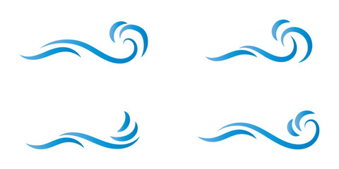 Wind line doodle set. Blue hand drawn wind swirls and gusts. Decorative breeze symbols for weather, nature, and climate designs.