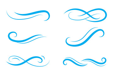 Wind line doodle set. Blue hand drawn wind swirls and gusts. Decorative breeze symbols for weather, nature, and climate designs.