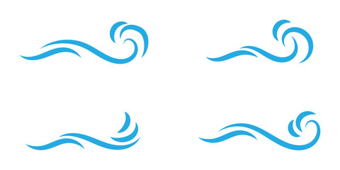 Wind line doodle set. Blue hand drawn wind swirls and gusts. Decorative breeze symbols for weather, nature, and climate designs.