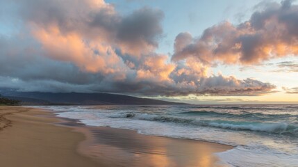 Obraz premium Scenic beach at sunset or sunrise with gentle waves, golden sky, illuminated clouds, rolling hills, tranquil atmosphere.