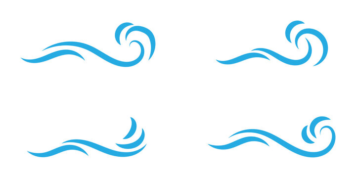 Wind line doodle set. Blue hand drawn wind swirls and gusts. Decorative breeze symbols for weather, nature, and climate designs.