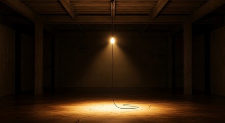 Single Light Illuminates Dark Room Interior.