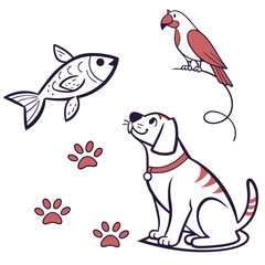 A charming cartoon illustration featuring a happy dog looking up at a playful parrot perched on a branch with a stylized fish swimming above and paw prints scattered around on a clean white background