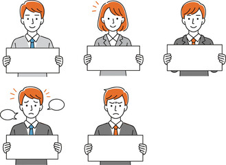 Cartoon business people holding blank signs, gray suits, blue and orange ties, male and female characters, various emotions, expressions, communication, workplace, flat design