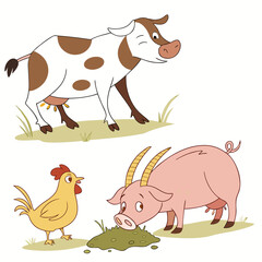 A charming cartoon illustration featuring a happy spotted cow standing in grass a pink pig with horns eating from a mound of grass and a yellow chicken