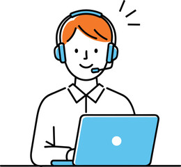 Cartoon character with orange hair, wearing headset, microphone, white shirt, using laptop, smiling, customer service, technical support, online communication, remote work, flat design