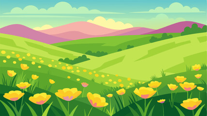 Obraz premium A tranquil scene of rolling hills covered in a sea of lush velvety grass accented by splashes of bright yellow buttercups and delicate pink primroses.