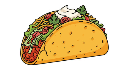 Hand drawn illustration of a crunchy taco with toppings.
