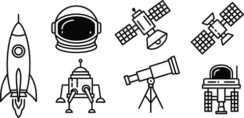Obraz premium Space Exploration Icons Set | Rocket Astronaut Satellite Telescope Rover Helmet | Line Art Vector Illustration.