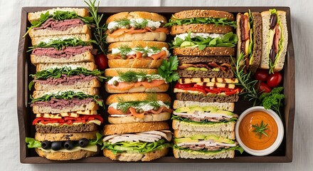 Assortment of Gourmet Sandwiches on a Wooden Tray.
