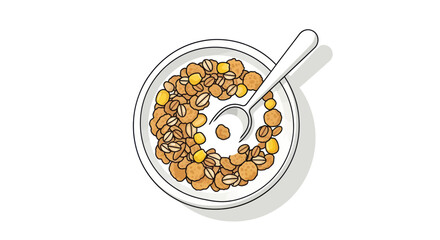Hand drawn illustration of a cereal bowl with milk and a spoon.