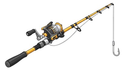 Fishing rod and reel illustration for sport fishing and recreational angling equipment and accessories on transparent background