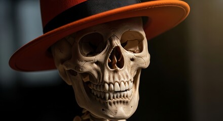 Skeleton Wearing a Red and Orange Hat.