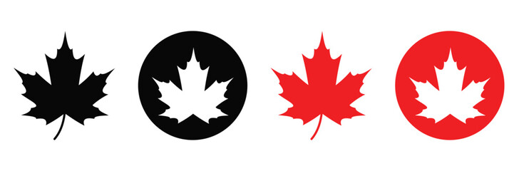 Canadian Maple Leaf Icon Set – Red and Black Silhouette, Outline and Vector Collection on 
Transparent Background