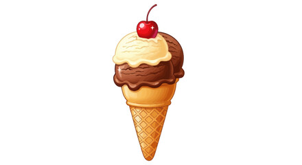 Delicious two scoop ice cream cone with cherry topping a sweet frozen dessert.