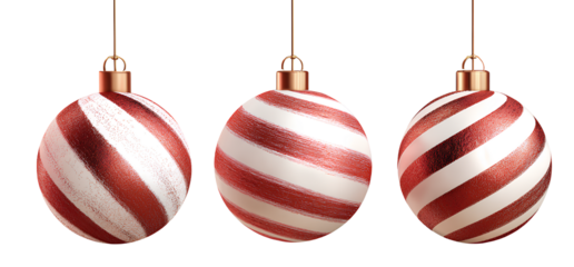 3d hanging christmas ornaments, a set of red and white striped balls, isolated