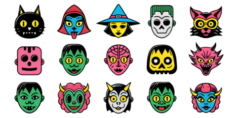 Vector Retro Cartoon Funny Monsters Heads Halloween Set