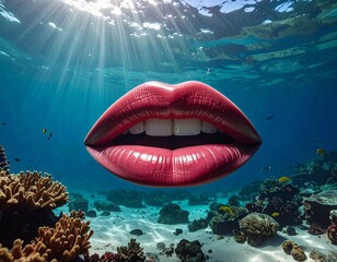 Surreal Underwater Lips with Coral Reef Background