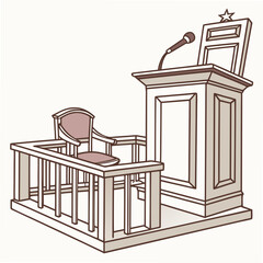 A courtroom witness stand with a chair and a podium featuring a microphone and a star emblem representing legal proceedings and justice