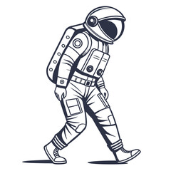 A stylized black and white line drawing of an astronaut in a spacesuit walking with a slight slump conveying a sense of journey or contemplation in outer space exploration