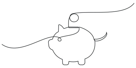 Continuous one line drawing of piggy bank on white background. Saving money concept, sales in linear style. Vector doodle illustration.