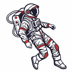 Stylized illustration of an astronaut in a white and red spacesuit floating in zero gravity against a white background symbolizing exploration and the cosmos
