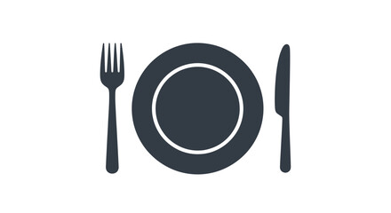 Simple graphic of a plate fork and knife for dining.