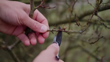 Close-up of hands pruning a branch