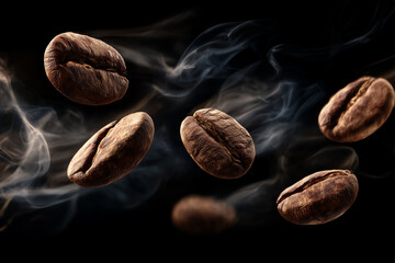 Obraz premium Roasted coffee beans floating with aromatic smoke on black background, dramatic macro