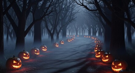 Spooky Halloween Forest Path with Jack-o-lanterns.